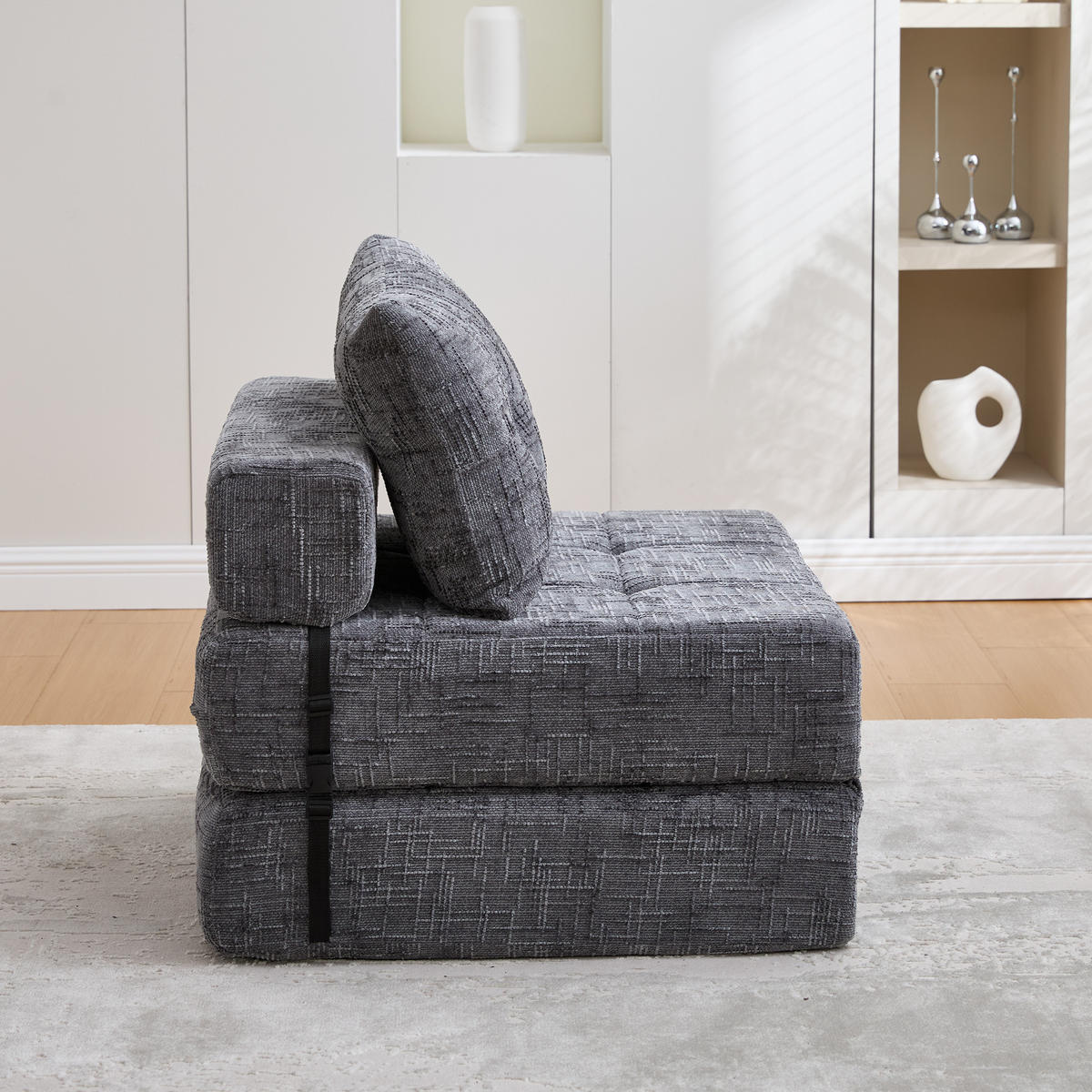 SCHLAFSESSEL Klappbares mit Kopf und Lumbalkissen grau Chenille 200/90/75 cm - Grau, Textil (79/57/79cm) - OKWISH