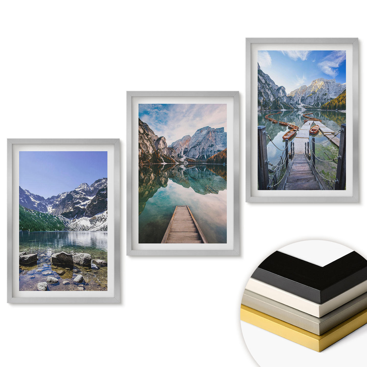 WANDBILDER 3er Set - 40x60 cm Silberner Rahmen - Berge, Seen, Holzstege - Silberfarben, Kunststoff (40/60cm) - ArtPrintCave