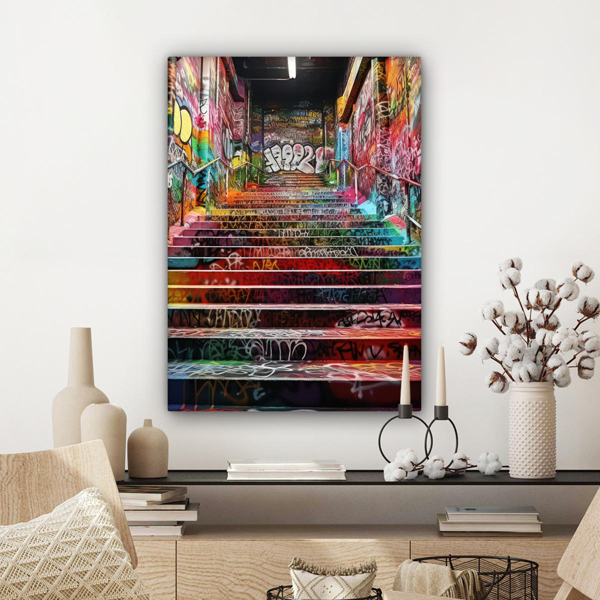 LEINWANDBILD Treppe - Graffiti - Farben - Kunst Wandbild Wohnzimmer 60x80 cm - Multicolor, Textil (60/80cm) - MuchoWow