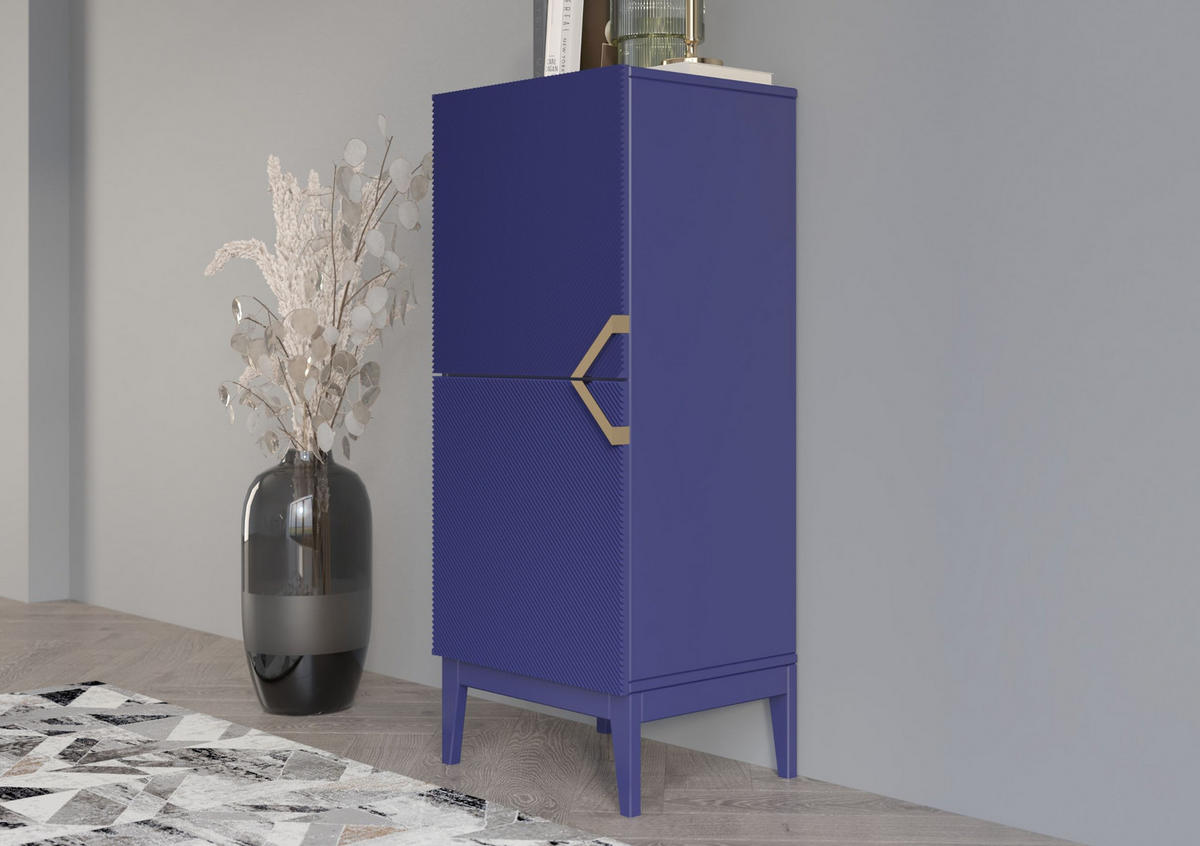 HIGHBOARD Demi 2D High, Marinblau-Gold, Mit Gefrästen Fronten, Massive Buche - Dunkelblau, Holz/Holzwerkstoff (50.5/120.5/42cm) - Visby