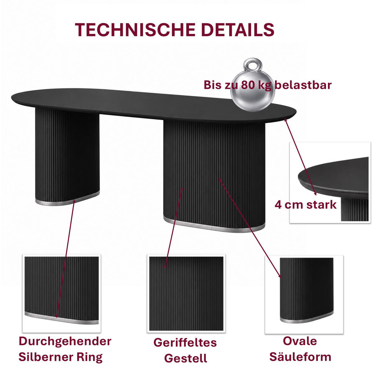 ESSTISCH Oval Schwarz 180 × 90 cm geriffeltes Säulengestell mit silberfarbenen Akzenten - Schwarz, Holzwerkstoff (90/180/76cm) - HOOZ