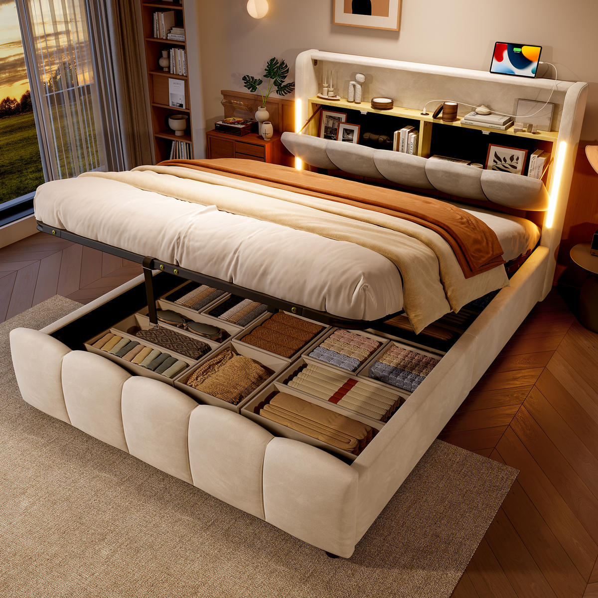 POLSTERBETT 140/200 cm in Beige Samt mit Stauraum, LED, USB und Type-C - Beige, Holzwerkstoff/Textil (140/200cm) - WISHDOR