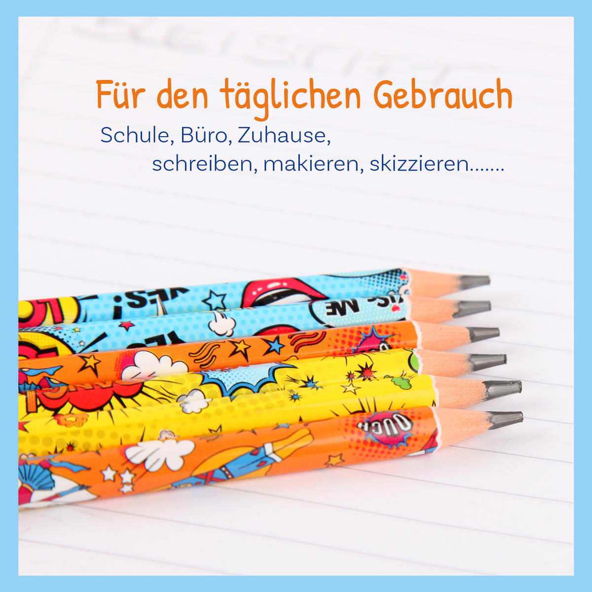BLEISTIFT 1 x 6er Set Zeichenstifte aus Holz für Kinder und Erwachsende, Comic Design - Vorgespitzte Holzstifte mit Radiergummi zum Malen - Rot/Multicolor, Naturmaterialien (9/19cm) - Bestlivings
