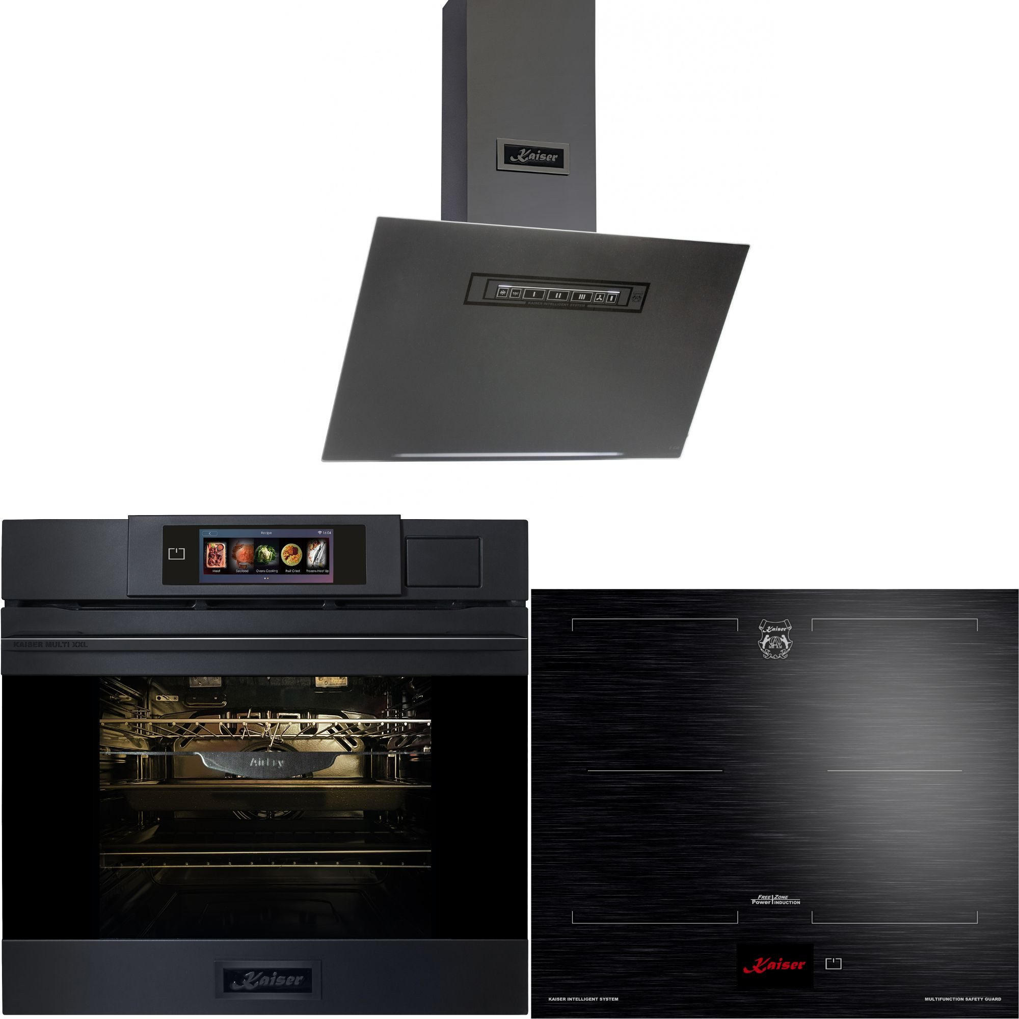 BACKOFEN-SET Multifunktions-Dampfbackofen mit Dampfreinigung 60 cm EH 6341 + Induktionskochfeld KCT 6140 FI + Dunstabzugshaube AT 6402 ECO - Schwarz, Metall (59.4/59.4/57.5cm) - Kaiser Küchengeräte