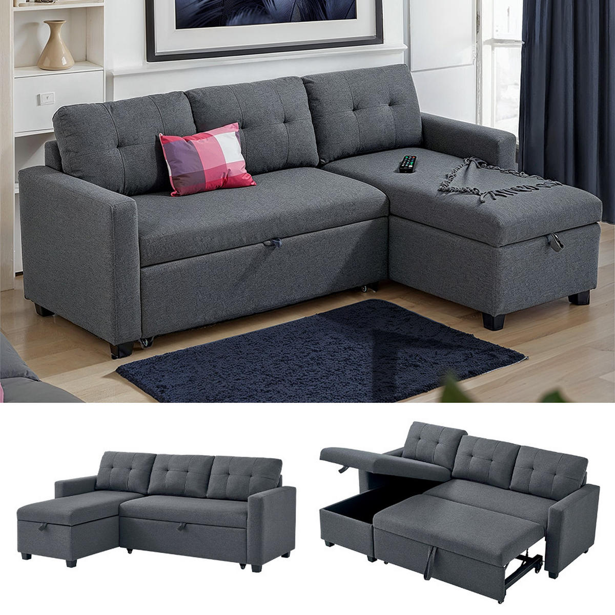 SOFA L FORM Campina Grau 226 x 163 cm mit Schlaffunktion - Grau, Holz (226/163cm) - VitaliSpa