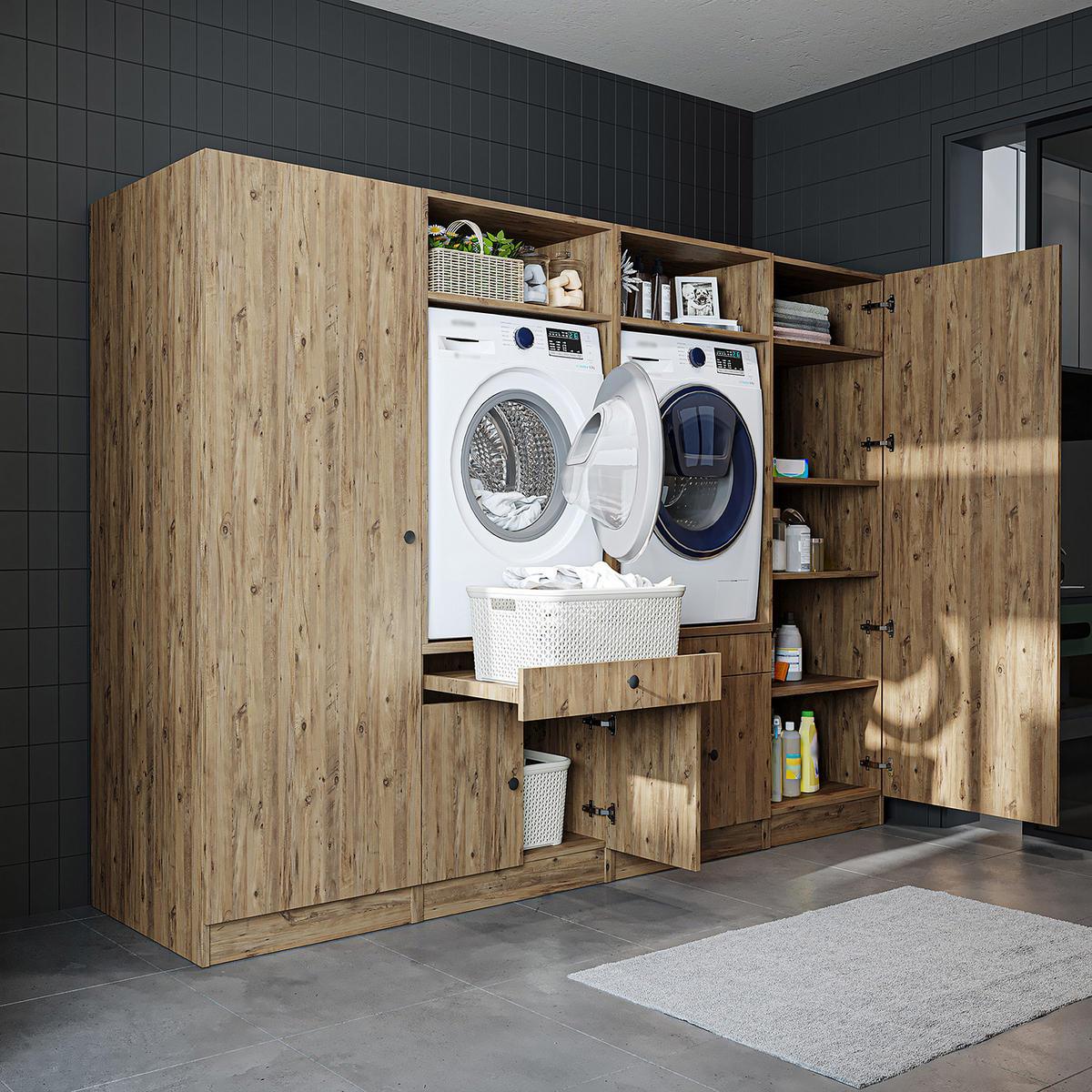 WASCHMASCHINENSCHRANK Serie 1 254cm Breit, 184cm Hoch - Eichefarben, Holzwerkstoff (254/184/67cm)