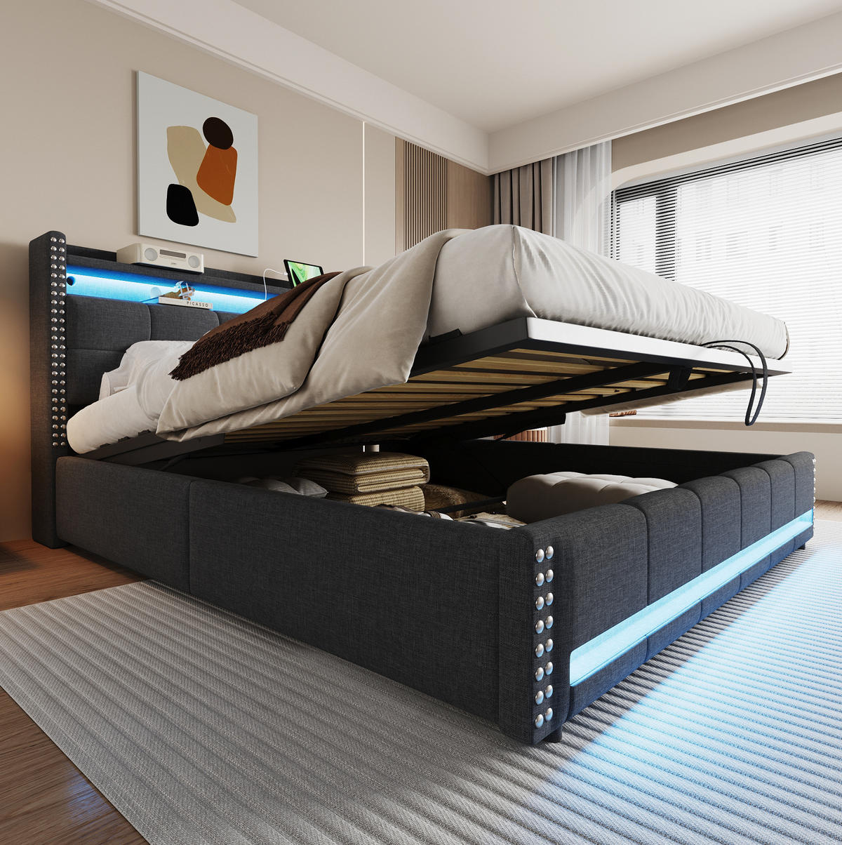 POLSTERBETT 180/200 cm Grau mit LED-Beleuchtung und USB-Steckdose - Grau, Textil (180/200cm) - OKWISH