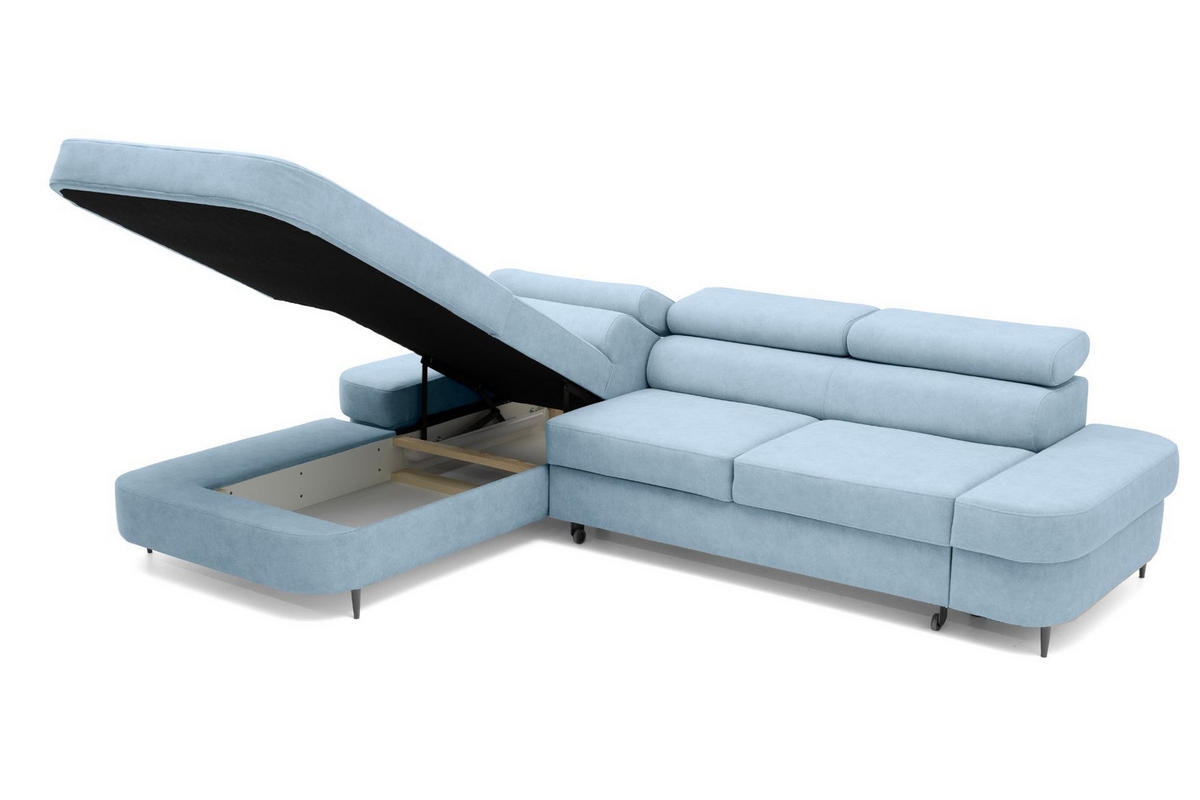 ECKSOFA JAZZ L Links mit Schlaffunktion 127x216 Velours Hellblau - Schwarz/Hellblau, Holz/Textil (285/237cm) - Muffo