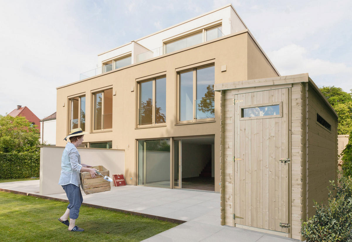 GERÄTEHAUS mit imprägniertem Boden - B144xL239xH198 cm/ 2.63 m2 - M306A+M306G - Beige, Holz (144/204/239cm) - Timbela