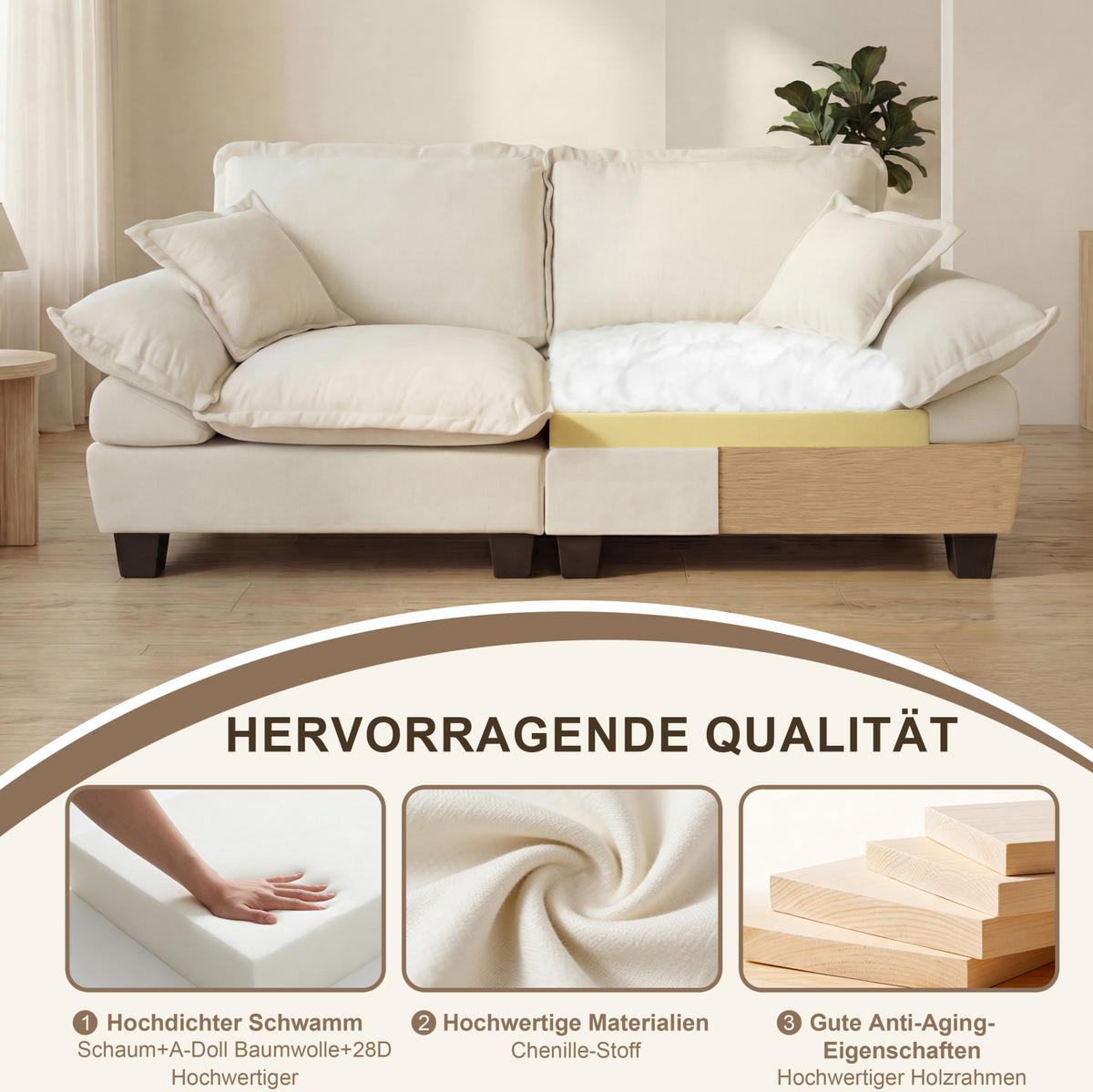 3-SITZER Sofa 263/82/90 cm mit geschwungenen Armlehnen, Chenille-Bezug und modularem Design, Beige - Beige, Textil (263/90/82cm) - Redom