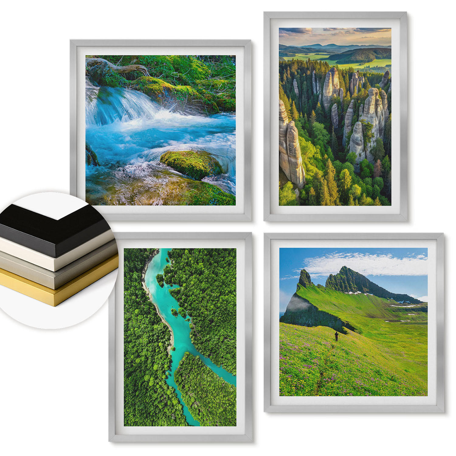 WANDBILDER 4er Set - 50x50 cm & 40x60 cm Silberner Rahmen - Grüne Berge, Flussfelsen - Silberfarben, Kunststoff (50/50cm) - ArtPrintCave
