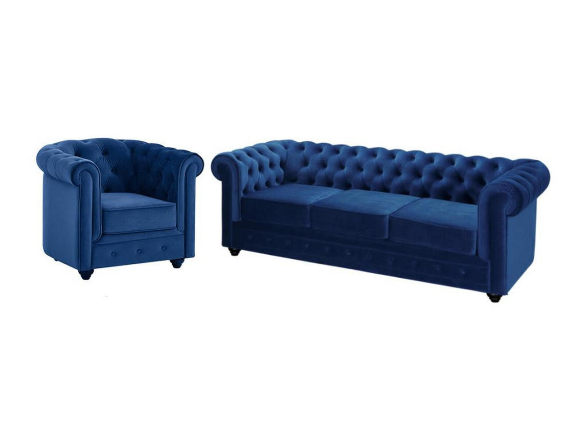 COUCHGARNITUR 3+1 - Samt - Dunkelblau - CHESTERFIELD - Blau, Textil (88/72/205cm) - Vente-Unique