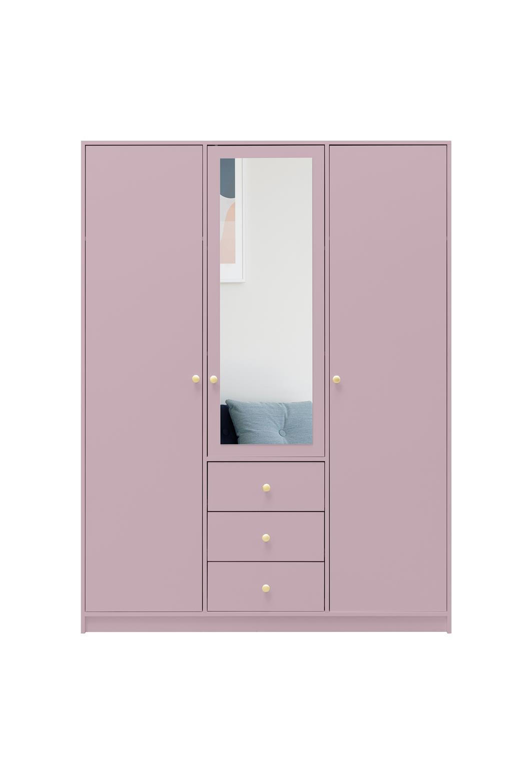 KLEIDERSCHRANK Rainbow Pflaume, dreitüriger Drehtürenschränk mit Spiegel und Schubladen - Pflaume, Holzwerkstoff (149/200/58cm) - Bettso