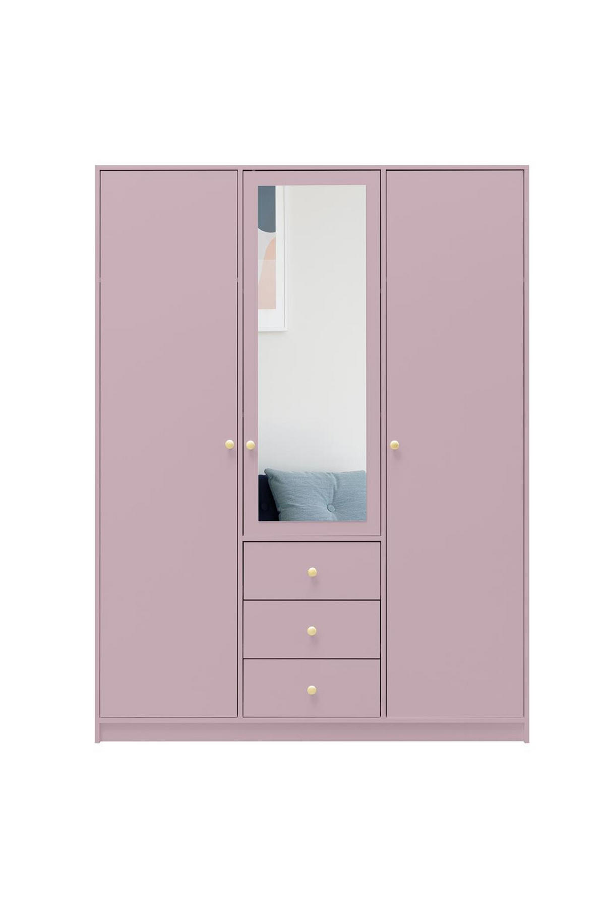 KLEIDERSCHRANK Rainbow Pflaume, dreitüriger Drehtürenschränk mit Spiegel und Schubladen - Pflaume, Holzwerkstoff (149/200/58cm) - Bettso