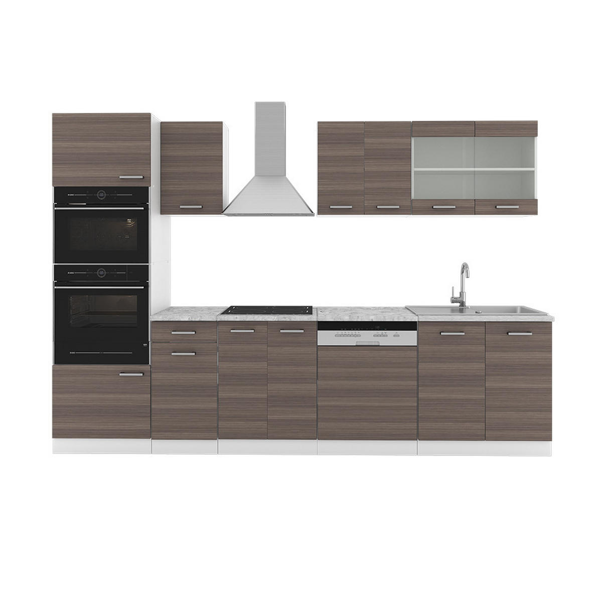 KÜCHENZEILE R-Line Edelgrau/Weiß 300 cm mit Hochschrank, ohne AP - Braun/Weiß, Holzwerkstoff (300/81.6/46cm) - Vicco