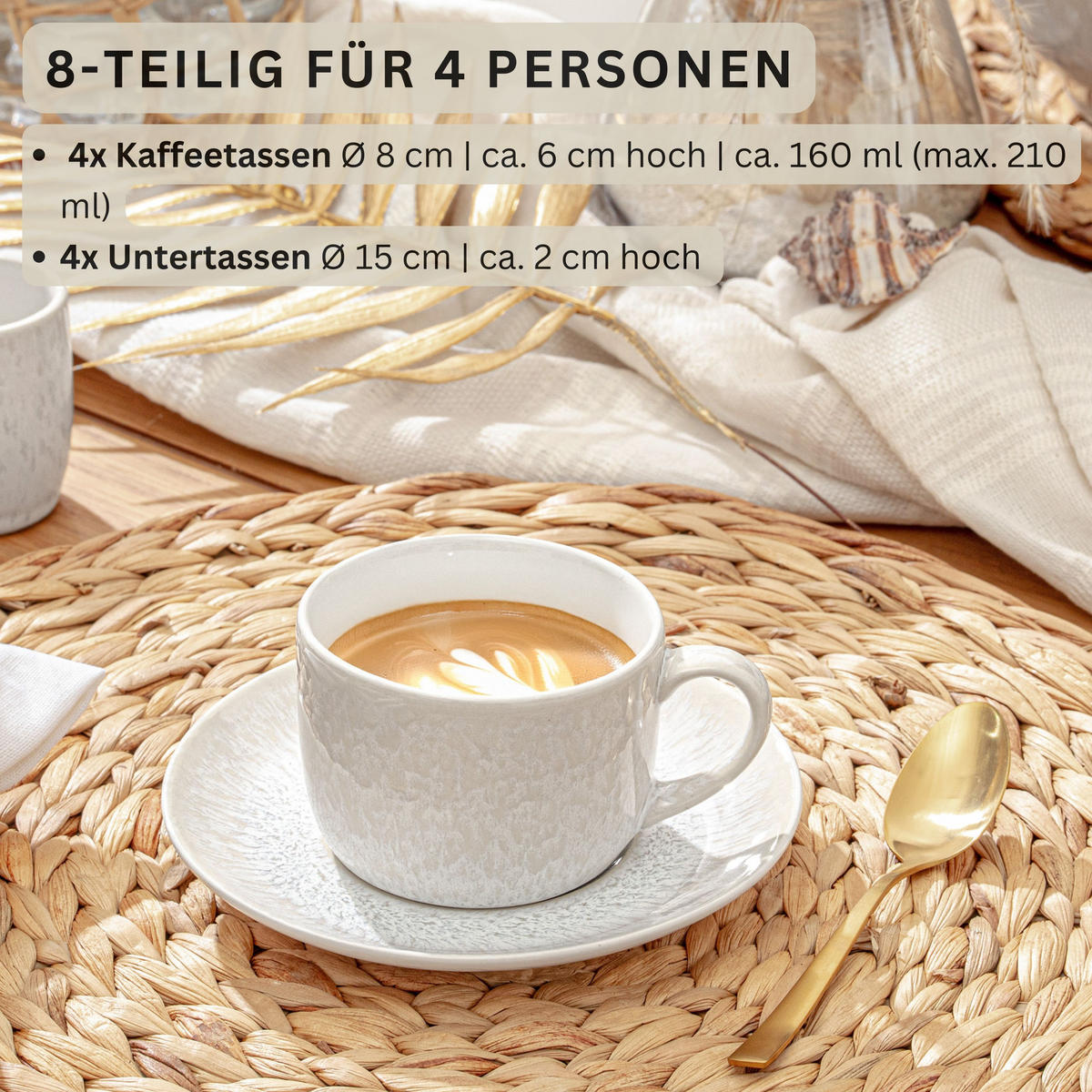 KAFFEETASSEN SET KORFU - 8 teilig aus Steingut - Creme, Keramik (28/26/38cm) - Sänger