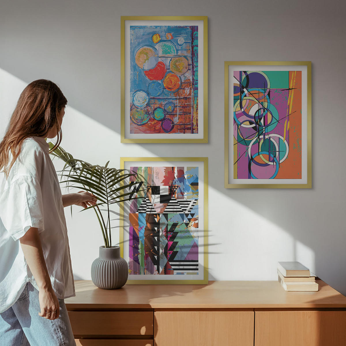 WANDBILDER 3er Set - 40x60 cm Goldrahmen - Bunte abstrakte Kreise Geometrie - Goldfarben, Kunststoff (40/60cm) - ArtPrintCave