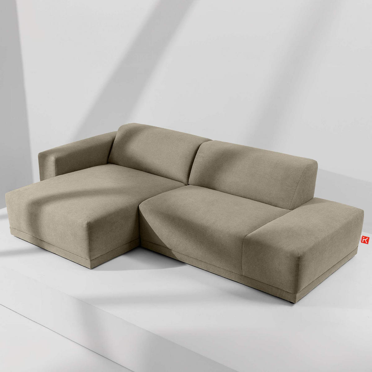 ECKSOFA LINKS MUDI in moderner Optik mit hochwertigem Kaltschaum, Cord-Stoff, Ecru - Ecru/Schwarz, Textil (280/160cm) - KONSIMO®