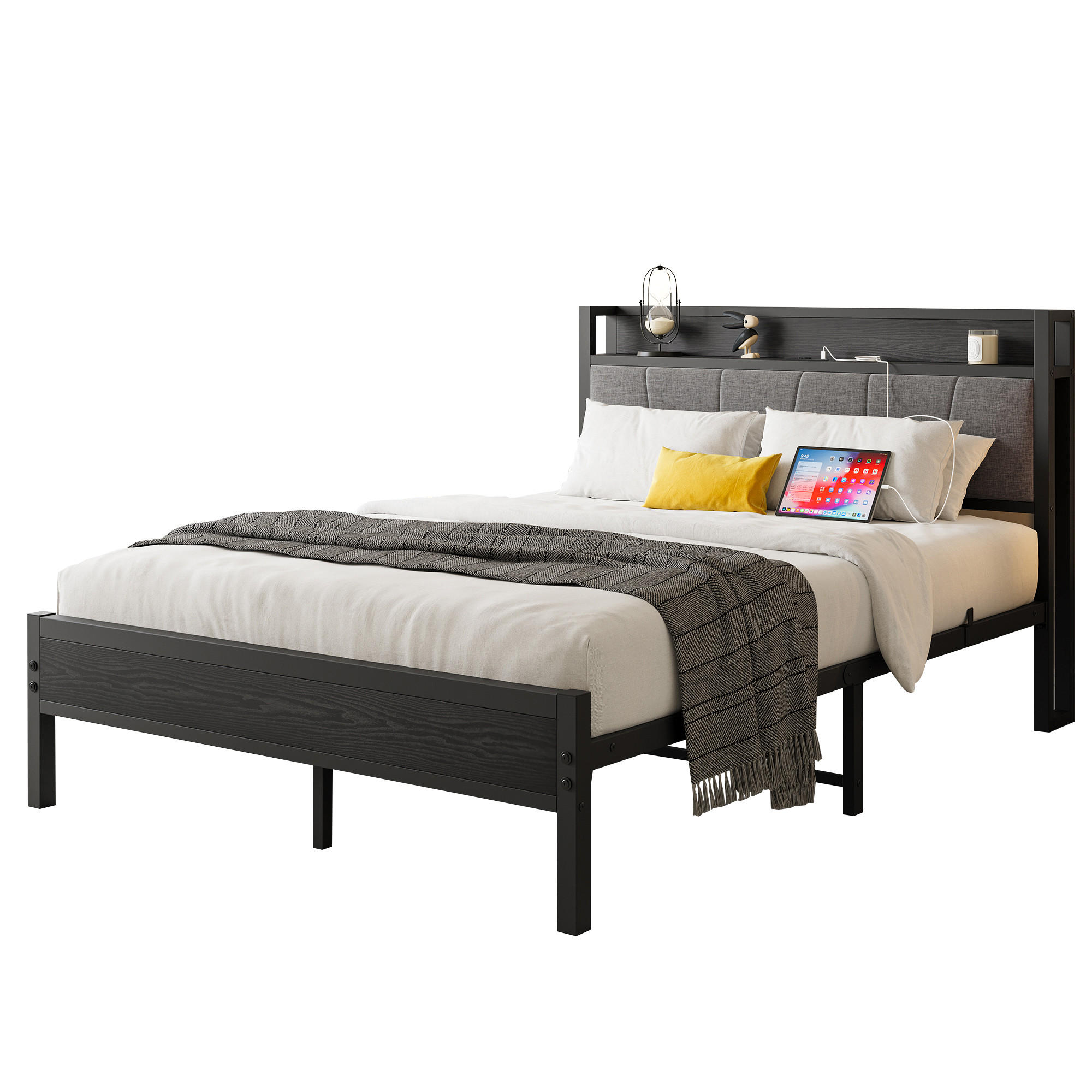 METALLBETT 140/200 mit Matratze und Gepolstertes Kopfteil Jugendbett mit Steckdose, 27 cm Bodenfreiheit - Schwarz/Grau, Holzwerkstoff/Textil (140/200cm) - STILVORA