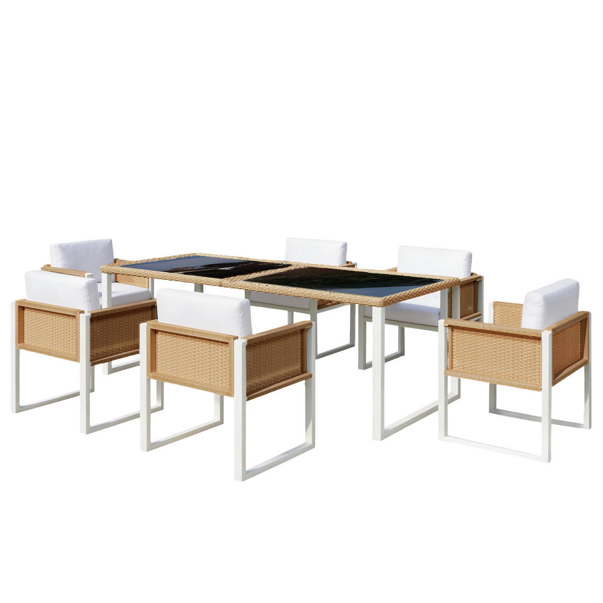 GARTEN-ESSGRUPPE 170/80/75 cm braun/weiß aus PE-Rattan mit 6 Stühlen - Braun, Naturmaterialien - OKWISH