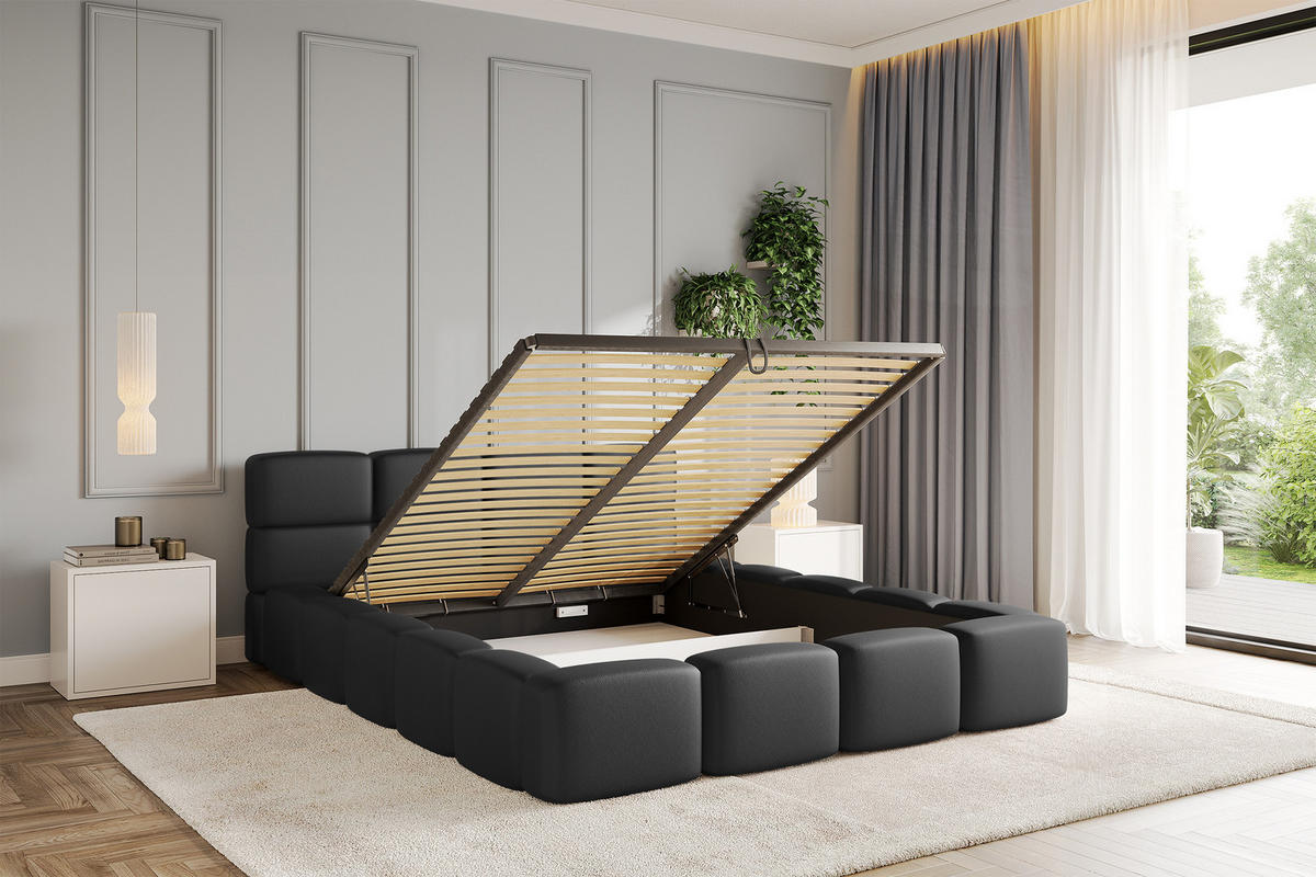 POLSTERBETT mit Bettkasten und Lattenrost, Bett mit Matratze H3/H4, Kopfteil, Boxbett, Doppelbett mit Stauraum - NATA-v1 200x200 Schwarz - Schwarz, Holzwerkstoff/Textil (200/200cm) - ALTDECOR