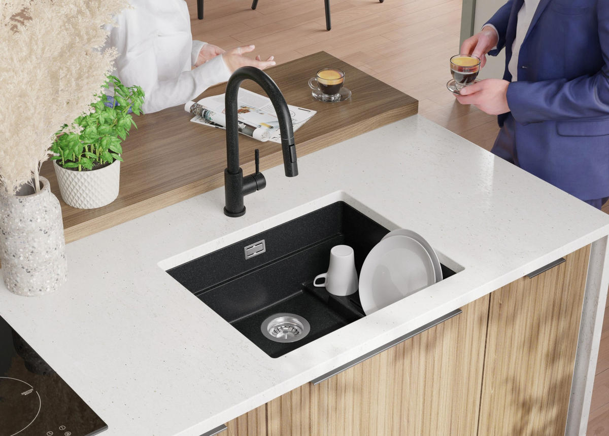 UNTERBAUSPÜLE GRANIT Praga, 2-er set Anthrazit 56/47 cm 1 Becken + Ablauf-Set + Aufrollbare Abtropffläche ab 60er Unterschrank - Chromfarben/Anthrazit, Kunststoff (56/20/47cm) - Primagran