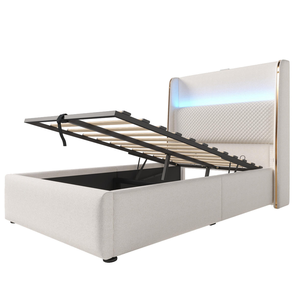 BETT Hydraulisches 90/200 cm Beige mit LED-Beleuchtung und Stauraum - Beige, Textil (90/200cm) - OKWISH