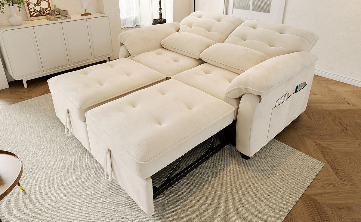 SCHLAFSOFA 142/90/86,5 cm aus Chenille mit 3-in-1-Bettfunktion Beige - Beige, Textil (90/86.5/142cm) - Modenvie