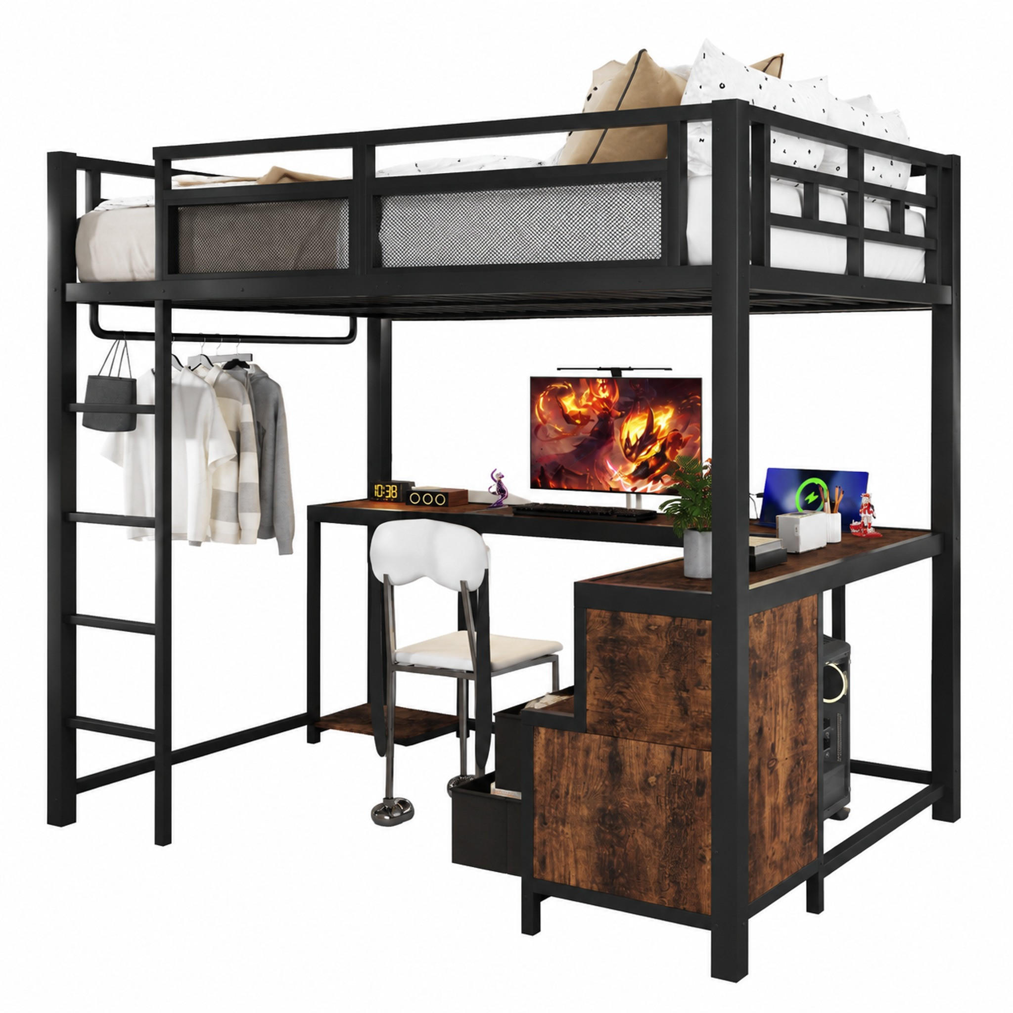 HOCHBETT mit Schreibtisch 140x200 cm Metall Holzoptik Schwarz - Schwarz, Metall (140/200cm) - Meubliv