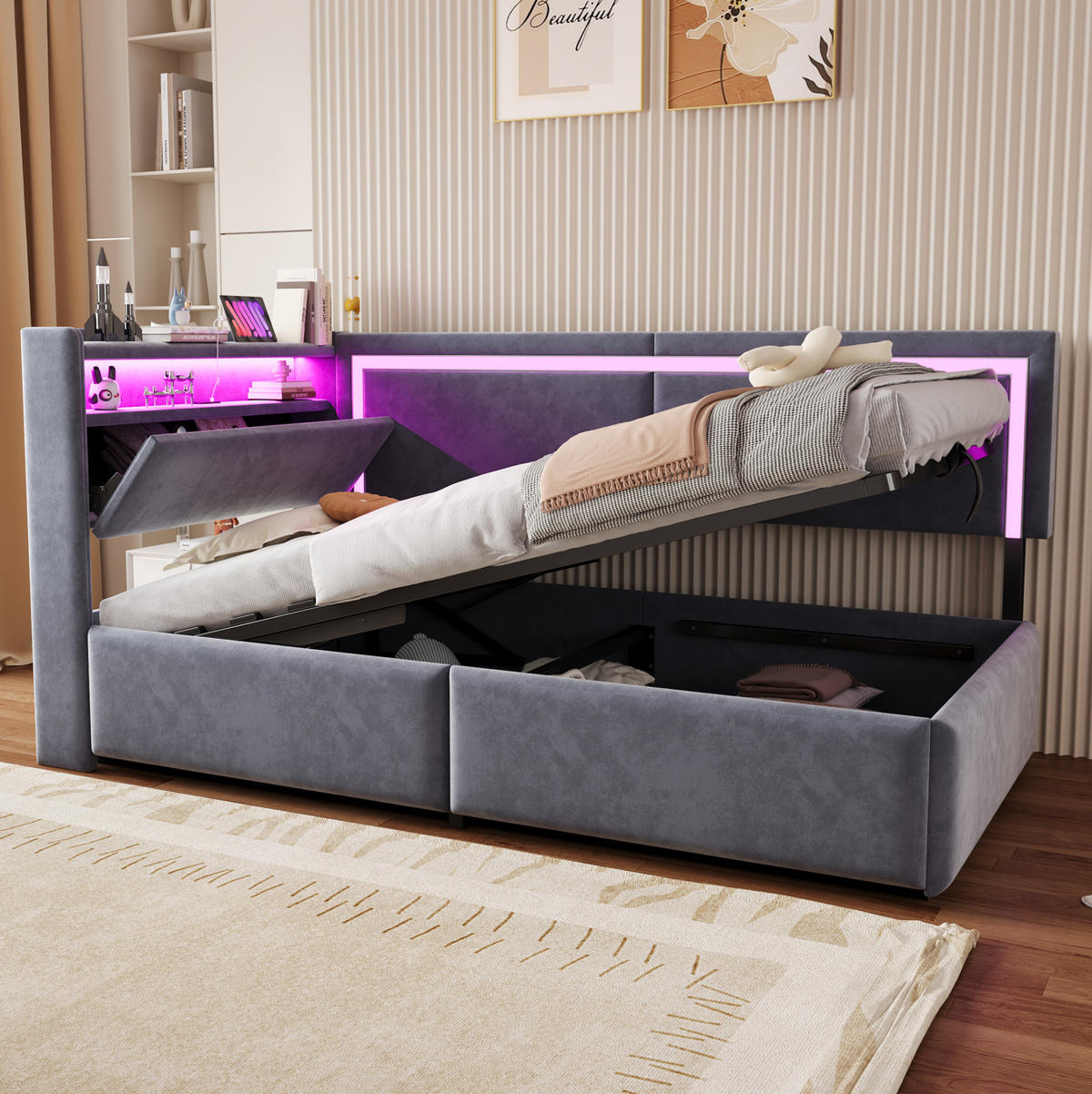ROZKLADACIA posteľ 90/200 cm tmavosivá so LED osvetlením USB a úložným priestorom zo zamatu - sivá, textil (90/200cm) - OKWISH