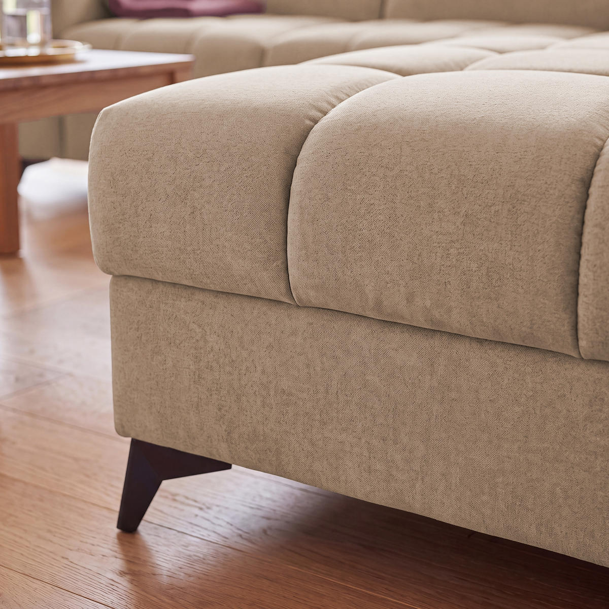 ECKSOFA PUDDING L Rechts mit Schlaffunktion 125x195 Velours Beige - Beige/Schwarz, Holz/Textil (275/203cm) - Muffo