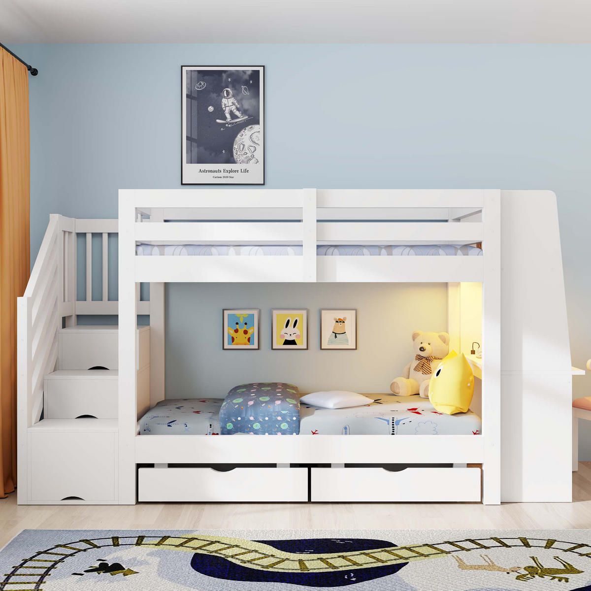 ETAGENBETT 90/200 cm mit Schreibtisch und LED, DE-41592, in Weiß - Weiß, Holzwerkstoff (90/200cm) - ComfortXL