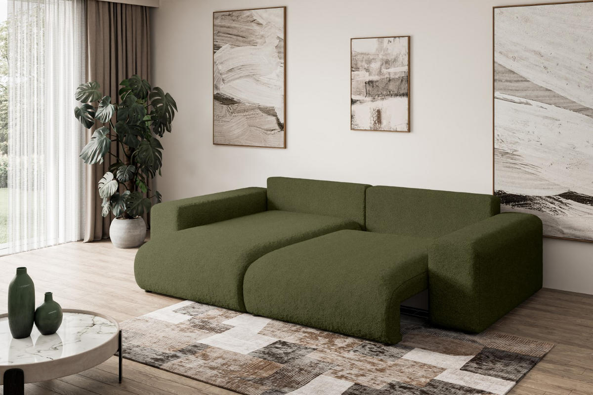 ECKSOFA mit Schlaffunktion und Bettkasten ESKAR-L 256x165x84cm Grün Bouclé - Schwarz/Grün, Holzwerkstoff/Kunststoff (165/256cm) - ALTDECOR