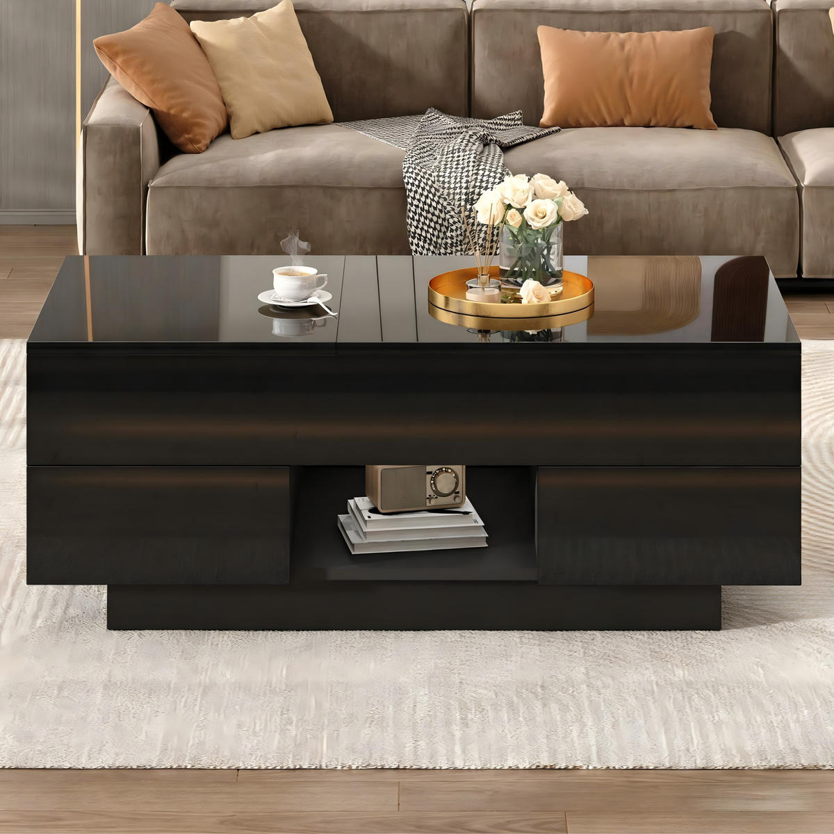 COUCHTISCH 100/45/43 cm höhenverstellbar mit LED-Beleuchtung, 2 Schubladen und Stauraum aus Spanplatte, Schwarz - Schwarz, Holzwerkstoff (100/45/43cm) - Redom