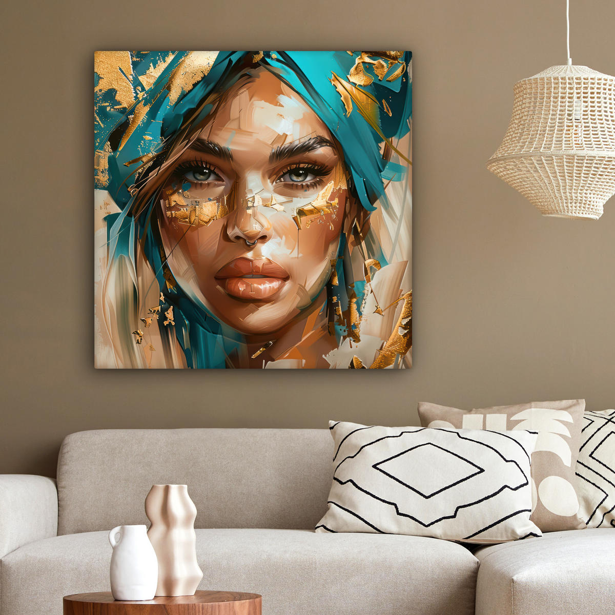 LEINWANDBILD - Frau - Porträt - Gold - Luxus - Blau - 90x90 - Gemälde - Türkis, Textil (90/90cm) - MuchoWow