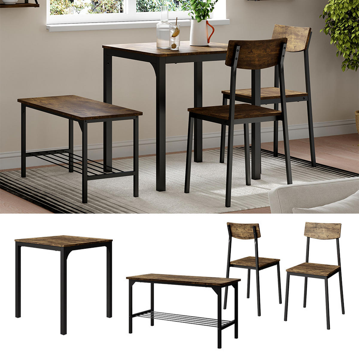 ESSTISCH-SET Fyrk Schwarz/Eiche rustikal 70 x 70 cm 4 Teile - Wildeiche/Schwarz, Holzwerkstoff (70/75/70cm) - Vicco