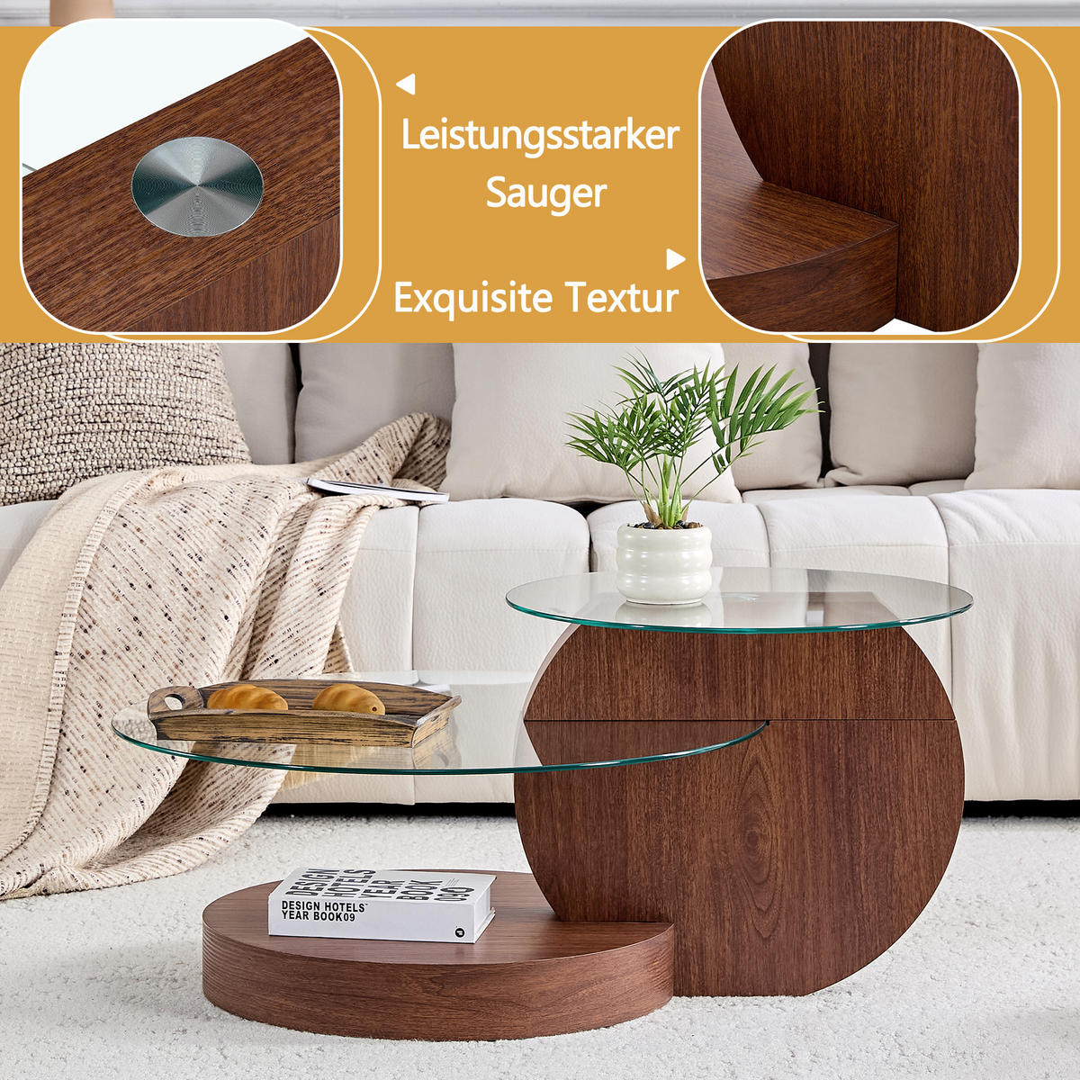 COUCHTISCH in Walnussfarbe Wohnzimmertisch mit zwei Ebenen aus Sicherheitsglas für Wohnzimmer, B90/T70/H44 cm - Transparent/Walnussfarben, Glas/Holzwerkstoff (90/90/44cm) - STILVORA