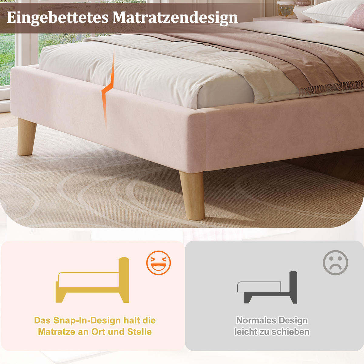 KINDERBETT 90/200 cm mit Lattenrost, höhenverstellbarem gepolstertem Kopfteil und Massivholzbeinen aus Samt, Rosa - Rosa, Textil (90/200cm) - Redom