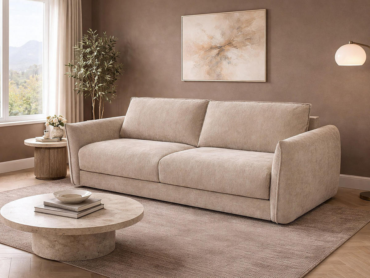3-SITZER-SCHLAFSOFA mit Schnellverstellung in strukturiertem Beige-Stoff - Liegefläche 140 cm - 13 cm Memoryschaum-Matratze GABRIZA - Beige, Textil (202/80/100cm) - Vente-Unique