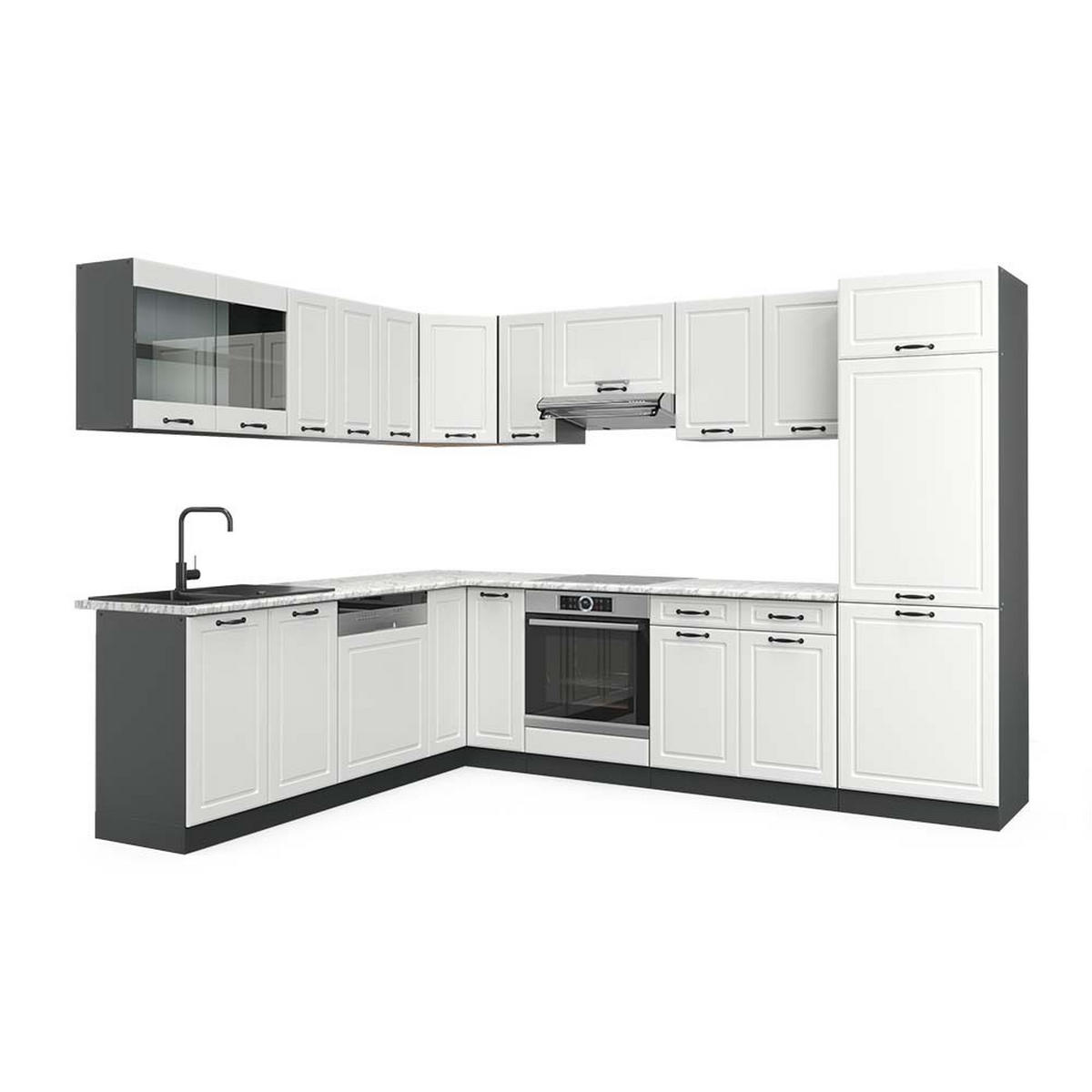 ECKKÜCHE R-Line Weiß Landhaus/Anthrazit 227 x 287 cm, AP Marmor - Anthrazit/Creme, Holzwerkstoff (287/81.6/60cm) - Vicco