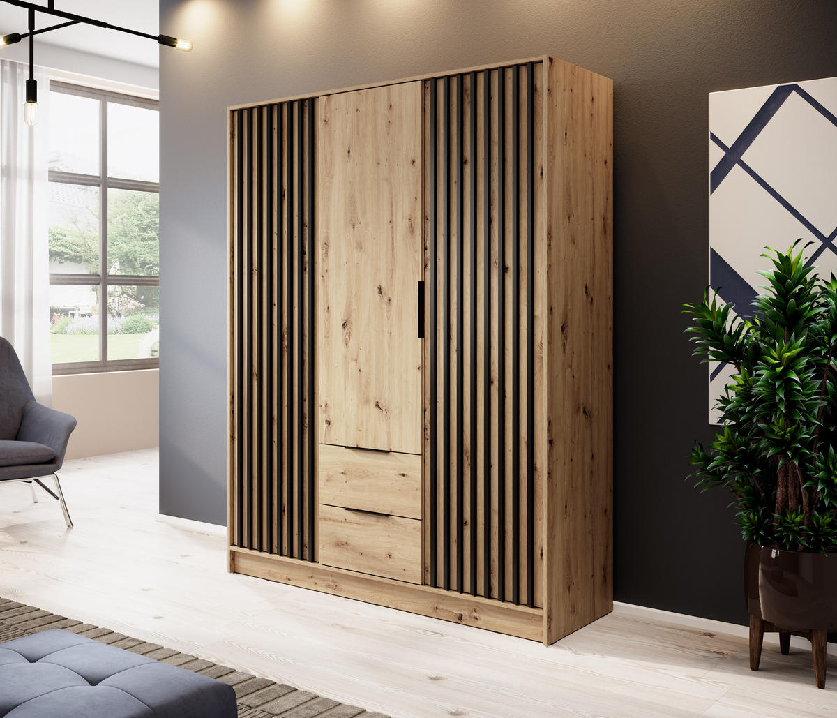KLEIDERSCHRANK Nelly Artisan Eiche, Artisan Eiche Lamellen, Schrank Dreitürige, Garderobe mit Schubladen - Eiche Artisan, Holzwerkstoff (155/200/51cm) - Bettso