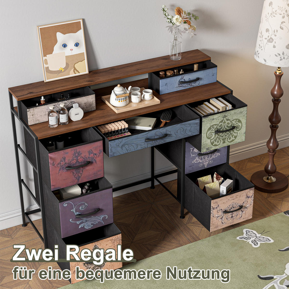 FRISIERTISCH Vintage-Kommode, Stoffschubladen, Schrank mit vier Ebenen, Schminktisch für Schlafzimmer, Beistelltisch für Wohnzimmer - Multicolor, Holz (40/91.2/121cm) - WoodenAura