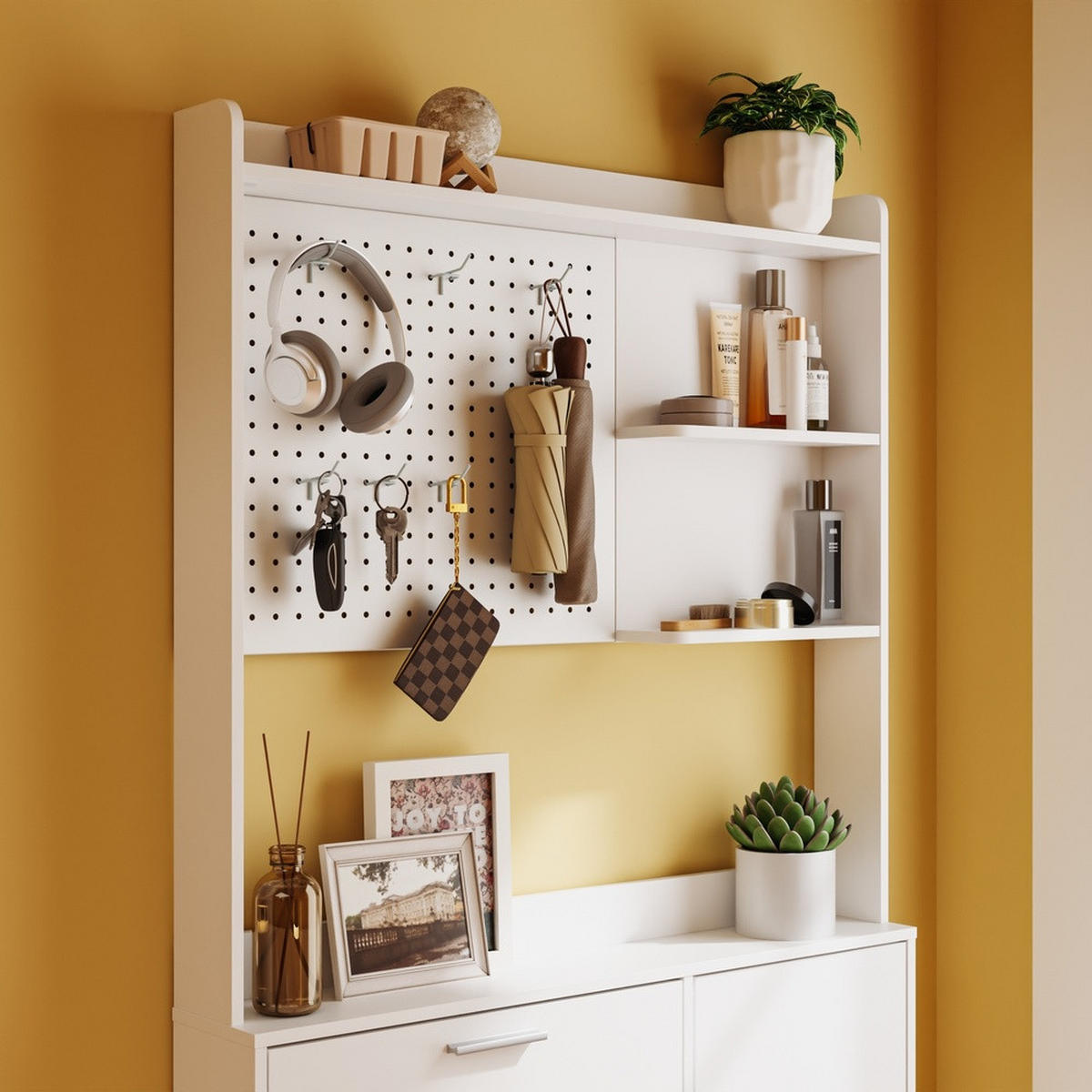 SCHUHSCHRANK mit Pegboard und Schubladen FSR232-W - Weiß, Holzwerkstoff/Kunststoff (83/197/14cm) - SoBuy
