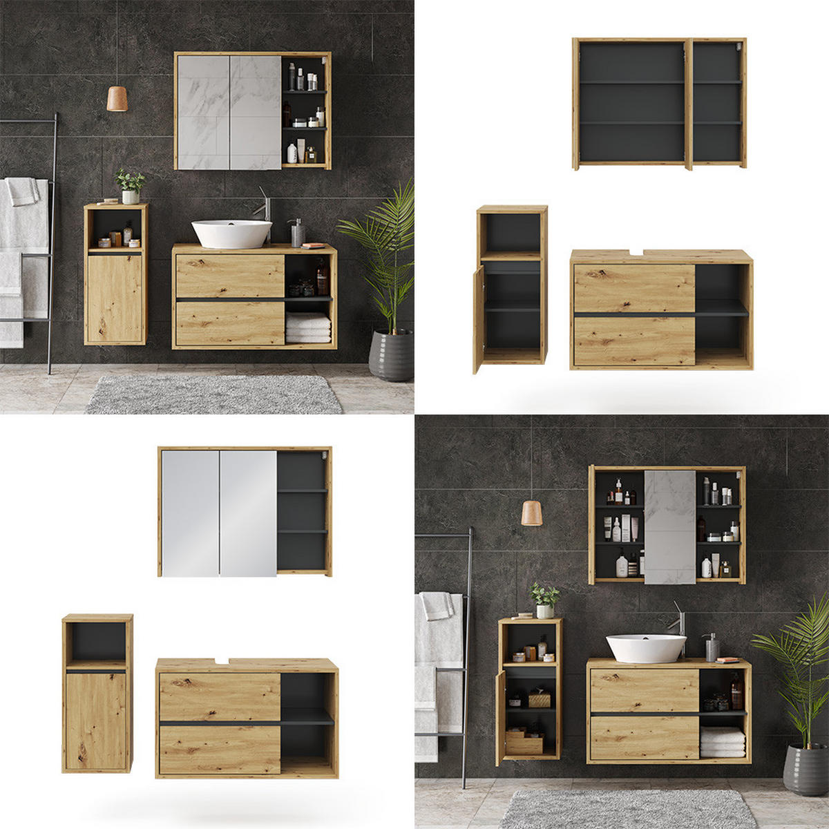 BADMÖBEL-SET Viola Braun 3 Teile, mit Midischrank - Anthrazit/Eiche Artisan, Holzwerkstoff (60/100/45cm) - Vicco