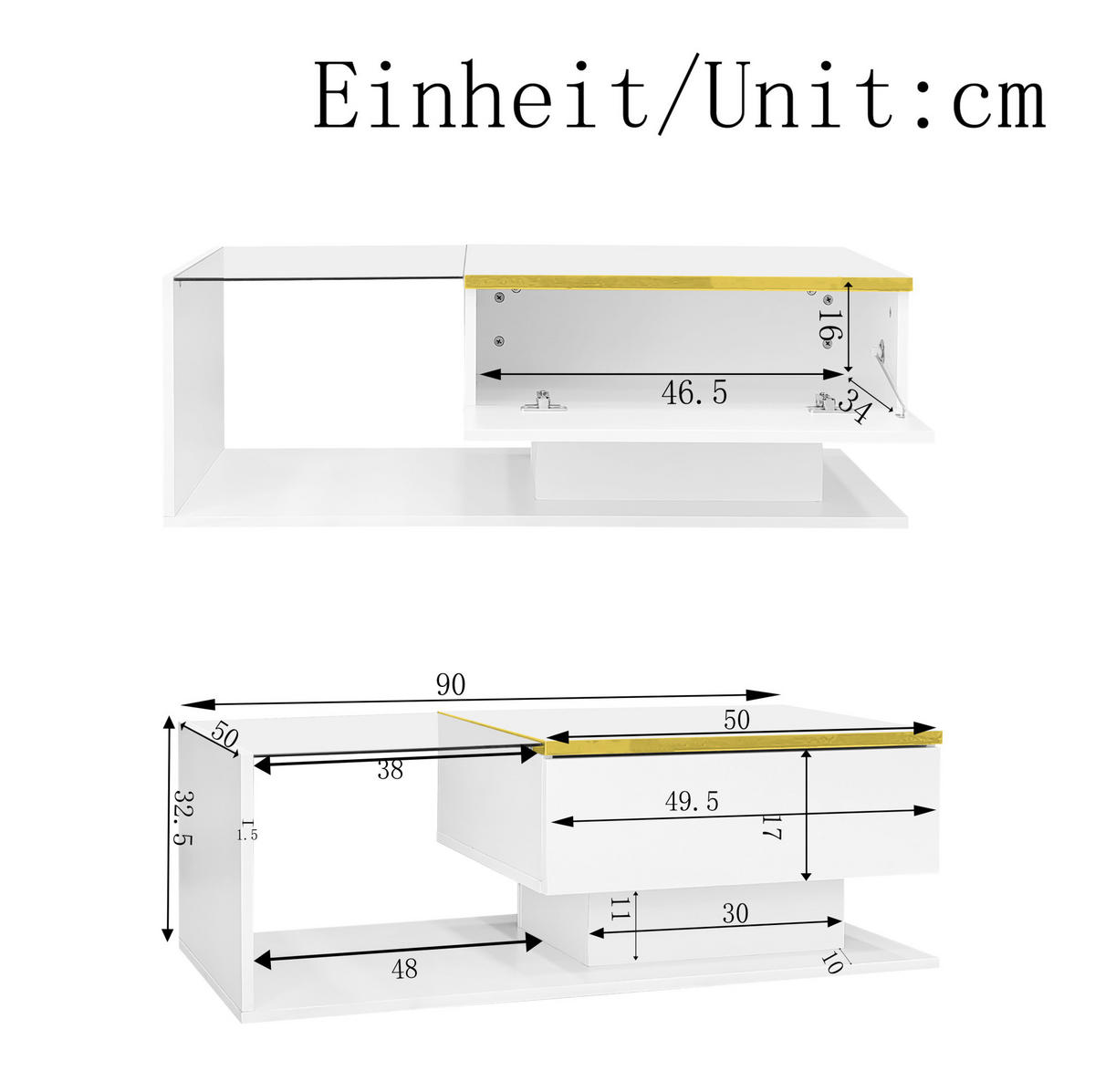 COUCHTISCH 90/50/32,5 cm in Hochglanz-Weiß mit LED-Beleuchtung und Glasplatte - Weiß, Holzwerkstoff (90/50/32.5cm) - Flora Grace