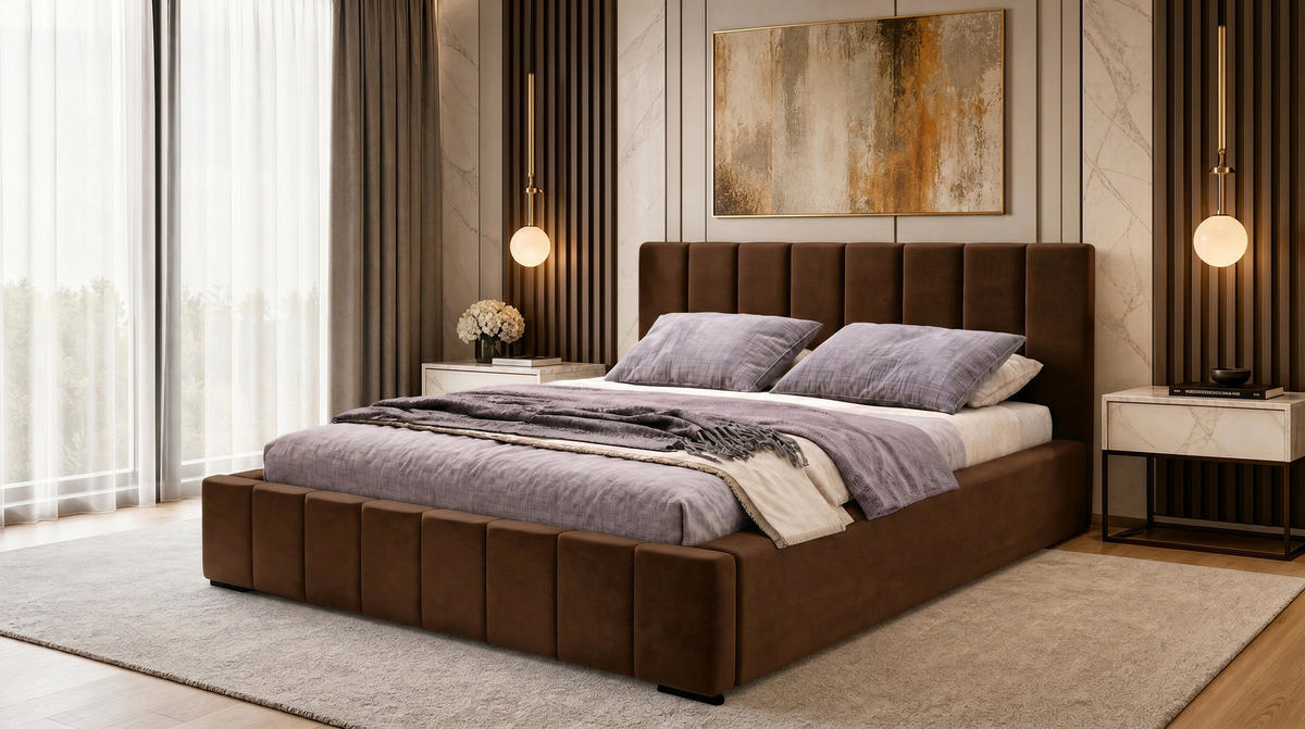 MARPUR Polsterbett NERO 180x200 cm mit Bettkasten und Lattenrost, Dunkelbraun - Chromfarben/Dunkelbraun, Holz/Holzwerkstoff (180/200cm) - Marpur