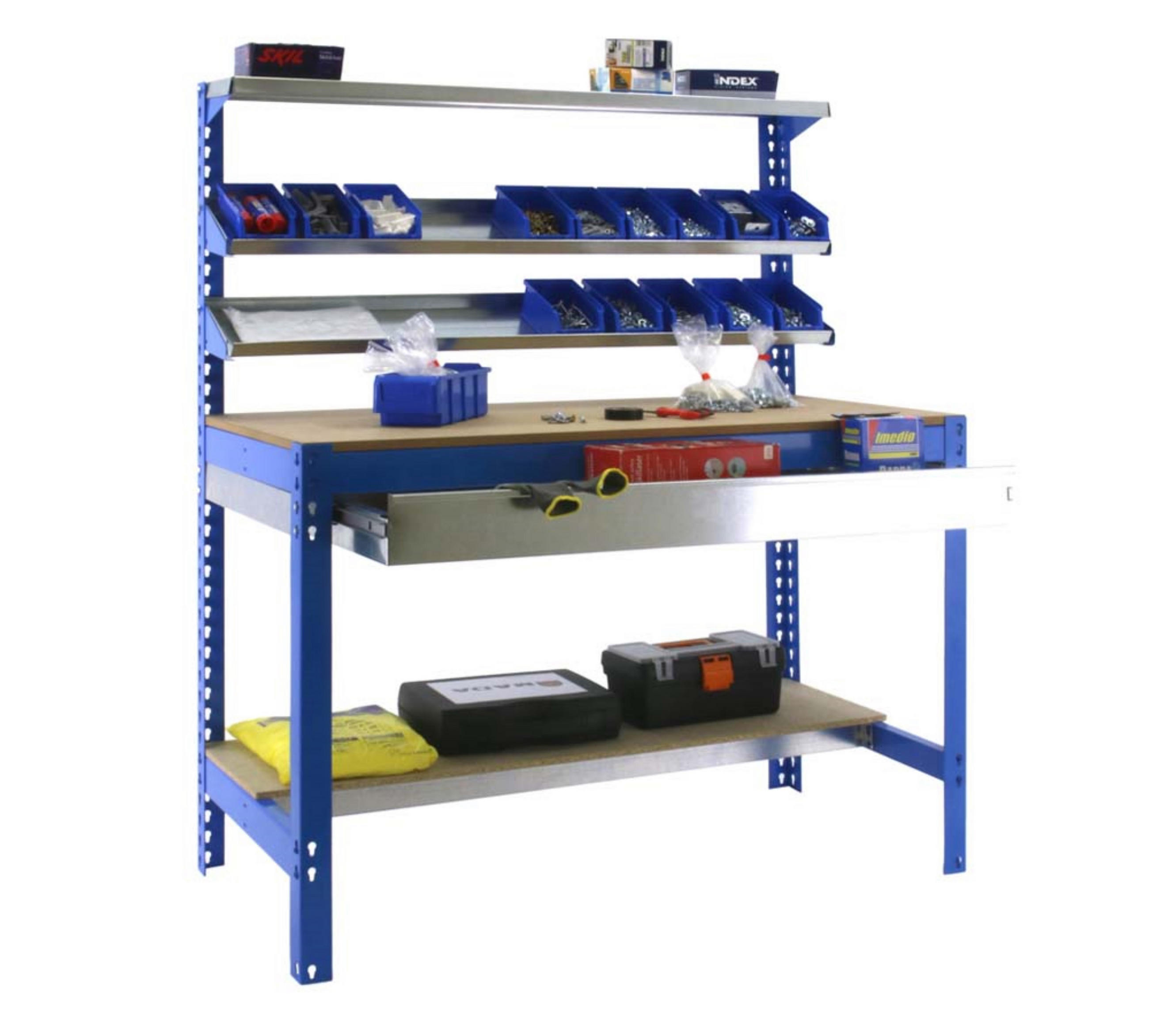 WERKBANK BUFFALO mit Frontablage und Schubfach | HxBxT 84x150x76cm | Traglast 600kg | Blau - Blau, Metall (150/84/76cm) - PROREGAL