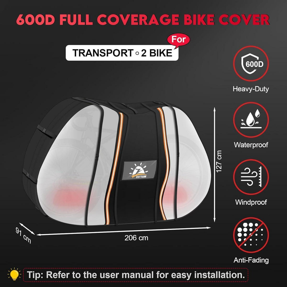 FAHRRADABDECKUNG für 2 Fahrräder 206 cm x 91 cm x 127 cm Wasserdicht & Heavy Duty - Schwarz, Textil (91/127/206cm)