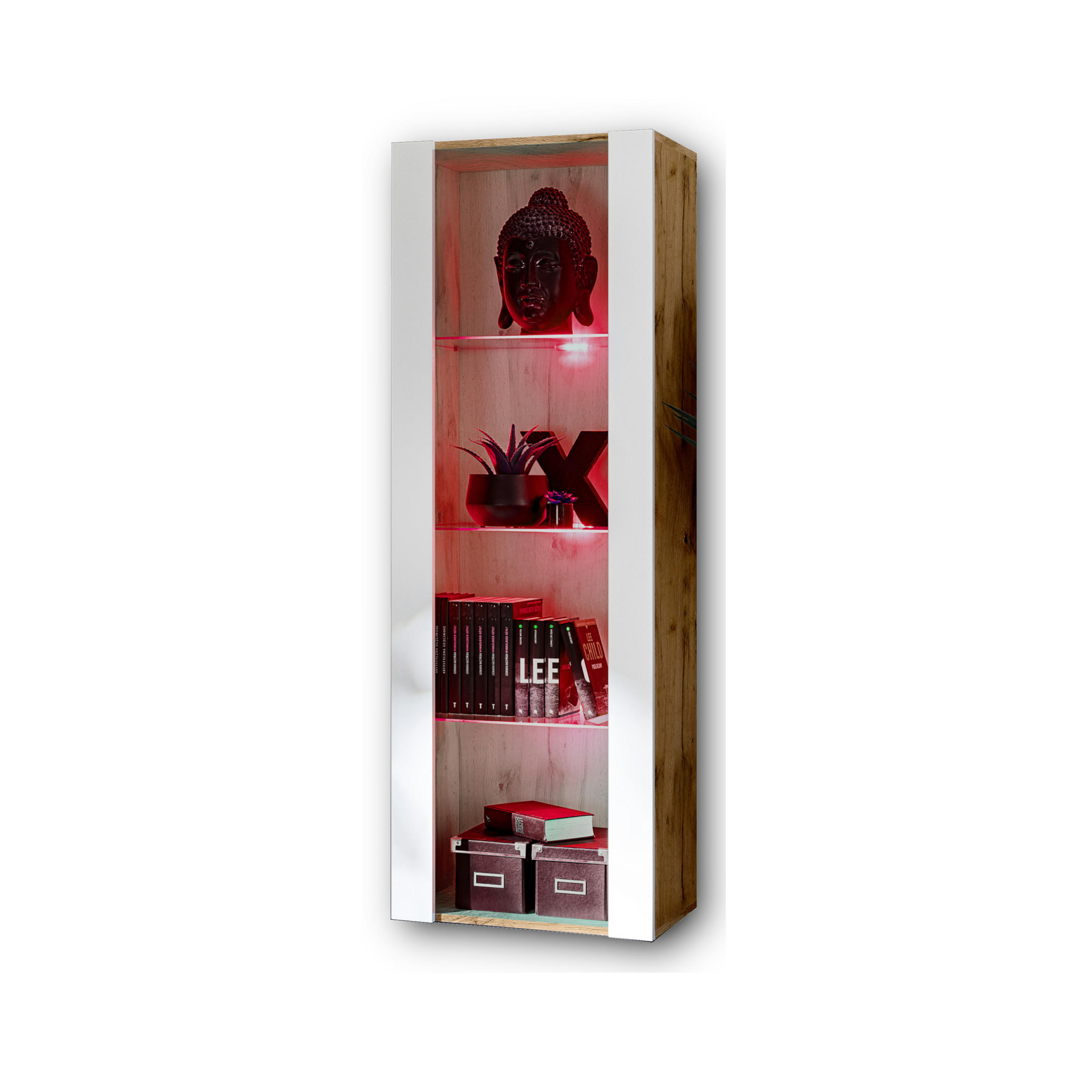 VITRINE TIVOLI, Eiche Wotan + Weiß, LED Mehrfarbige - Eiche Wotan/Weiß, Glas/Holzwerkstoff (55/159/35cm) - Komodee