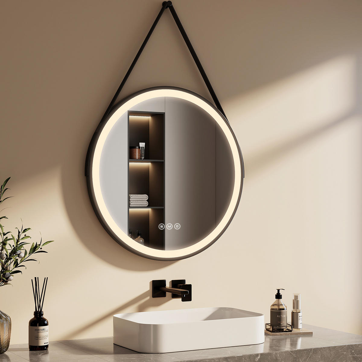 OGLINDA de baie cu LED-uri Ø 70 cm - negru, sticlă (70/70/3.5cm) - EMKE